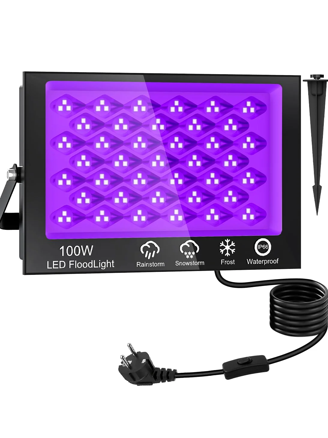 Luce Nera UV 100W,390-400nm Potente Faretto UV LED con Interruttore,Faro Ultravioletta con 1.5M Spina,IP66 Impermeabile Faro UV,Lampada UV per Festa Glow Fluorescente Halloween Party