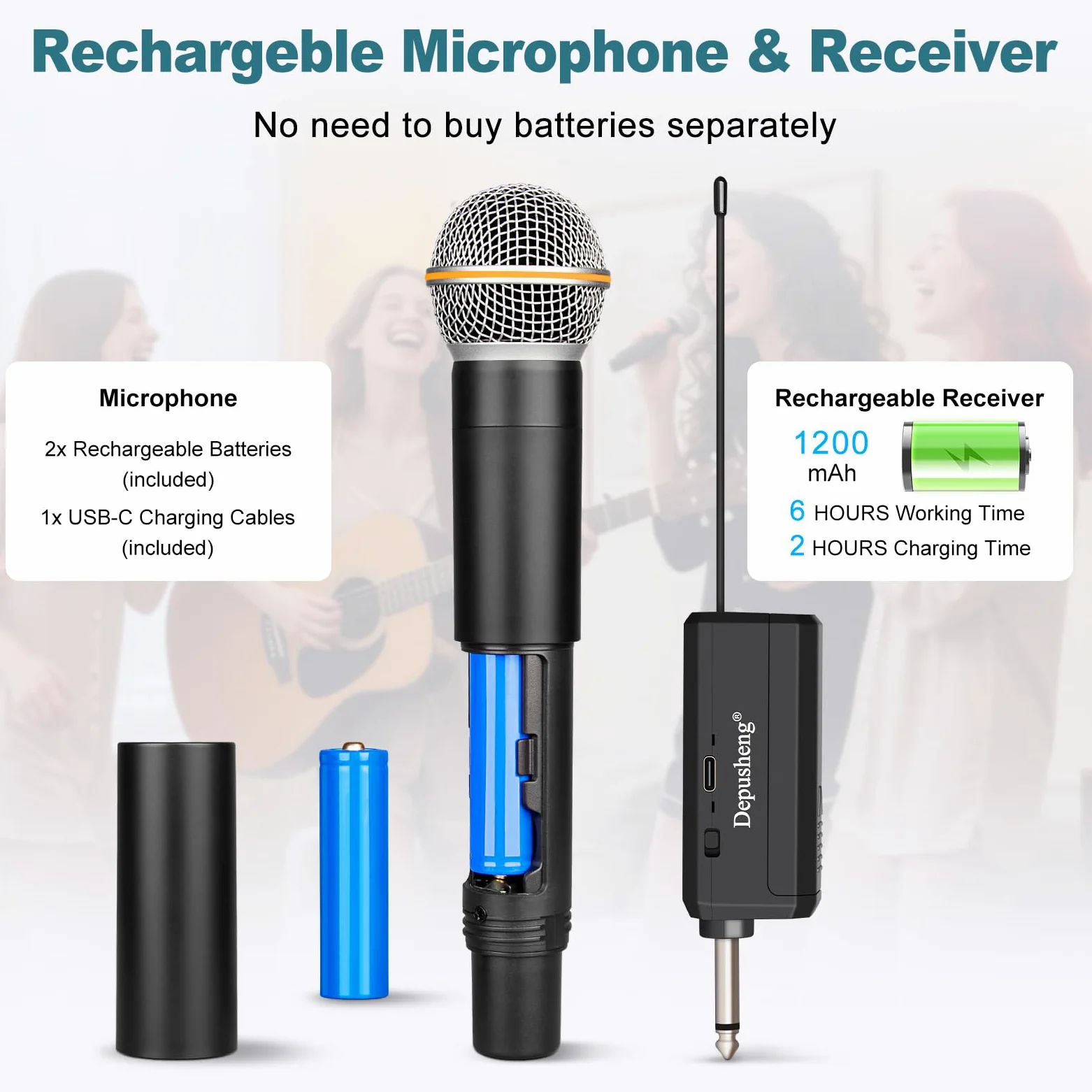 Depusheng Sistema di microfono karaoke wireless duale, set di microfono dinamico con ricevitore ricaricabile per canto, festa, DJ, matrimonio