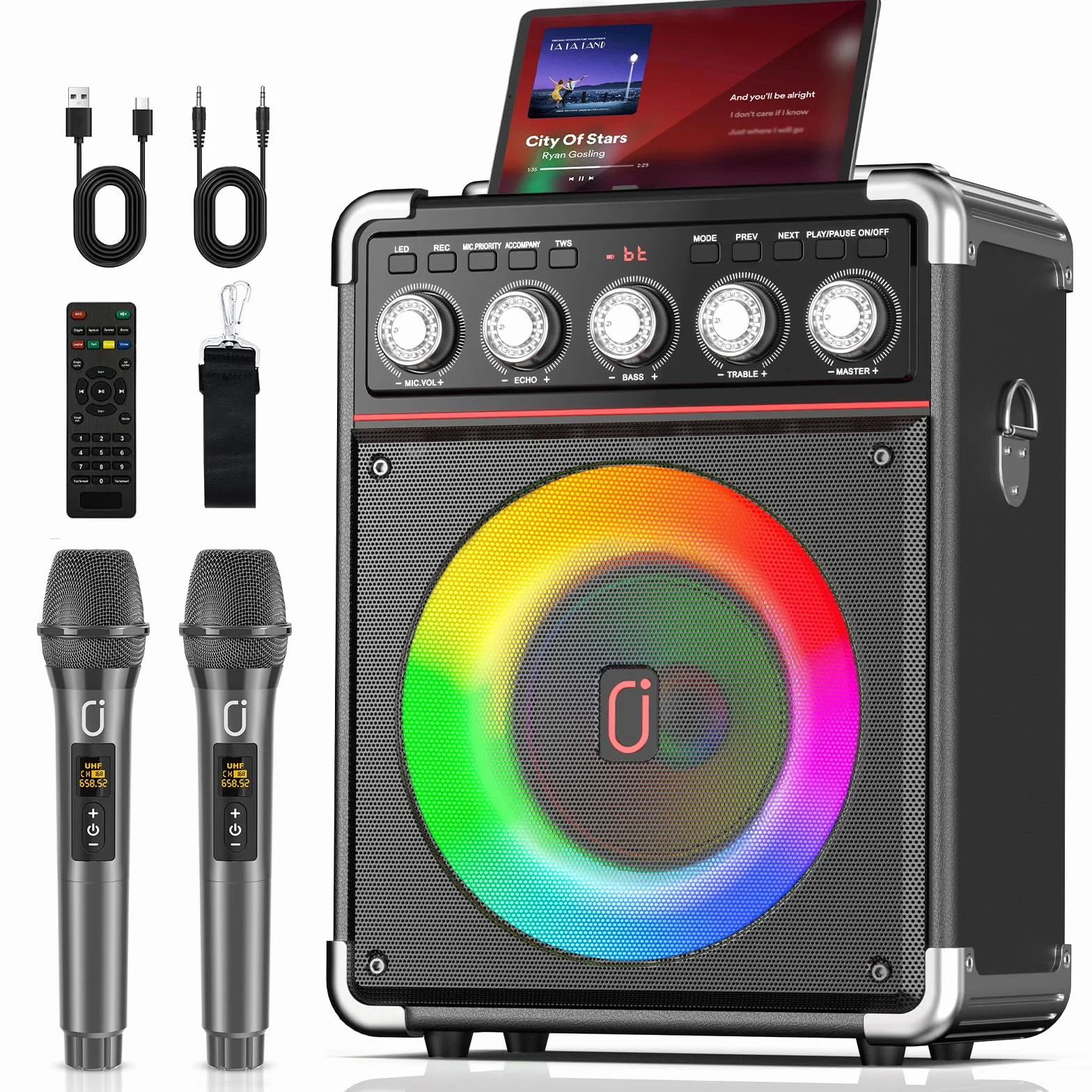 JYX Karaoke con 2 Microfono, 100W Cassa Bluetooth, Autonomia 18 Ore, Karaoke Professionale Completo, Potatile PA Sistema e Luce LED & telecomando, Supporta Bluetooth/TF/USB/AUX/TWS