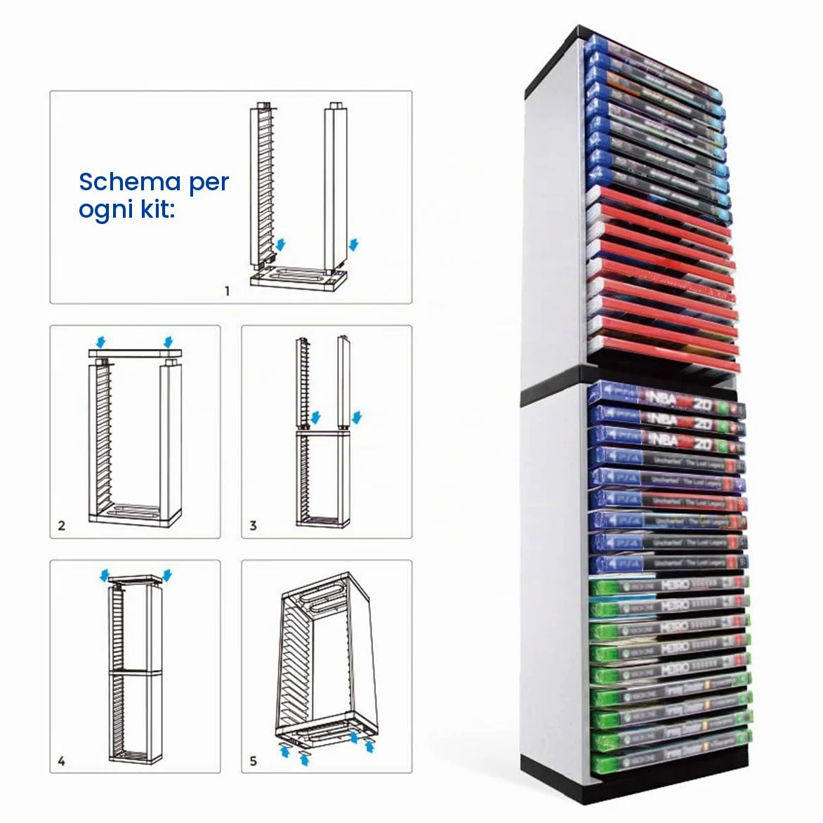 Haokaini Supporto per disco di gioco Staffa per torre di archiviazione per videogiochi Rack 36 Giochi Supporto per disco Mensola di archiviazione Console per console host controller per dischi di