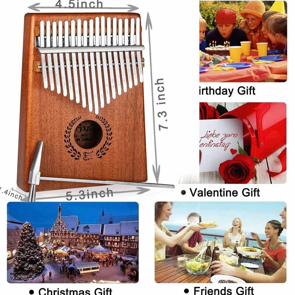 Kalimba Thumb Piano 17 Keys, Portable Mbira Finger Piano w/Protective Case, Fast to Learn Songbook, Tuning Hammer, All in One Kit (17keys, Mahogany)
