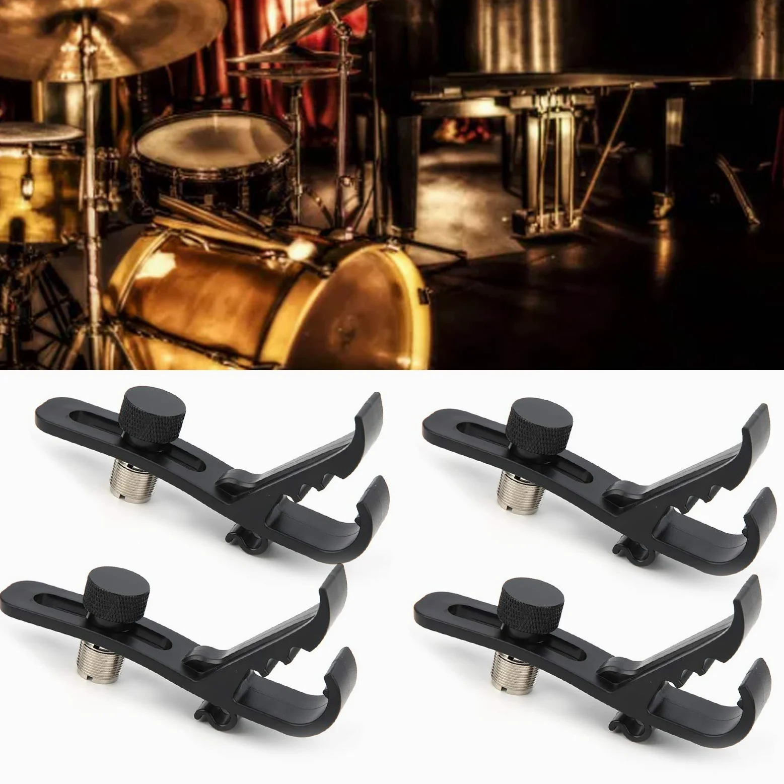 Clip Microfono per Batteria, Supporto Regolabile con Morsetto Antiurto per Tamburo e Strumenti Musicali, Montaggio Semplice, Set da 4 Pezzi, Fissaggio Durevole e Robusto per Batteristi e Musicisti