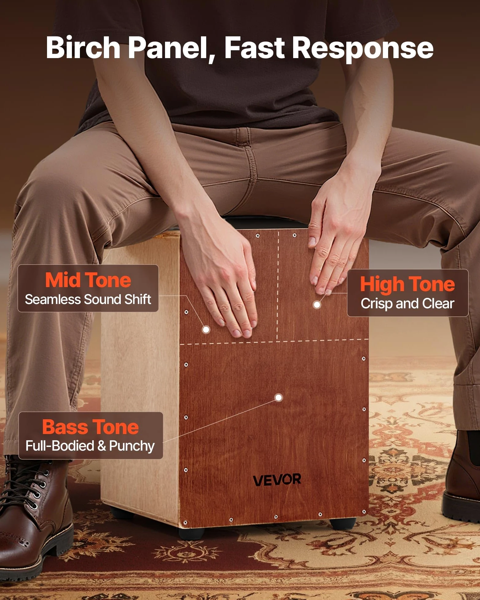 VEVOR Cajon Box Drum, Cordiere Rullanti Interni, Scatola di Percussioni in Legno Leggera, Strumento Musicale Portatile in Legno di Betulla con Piedini in Silicone, 305 x 305 x 430 mm