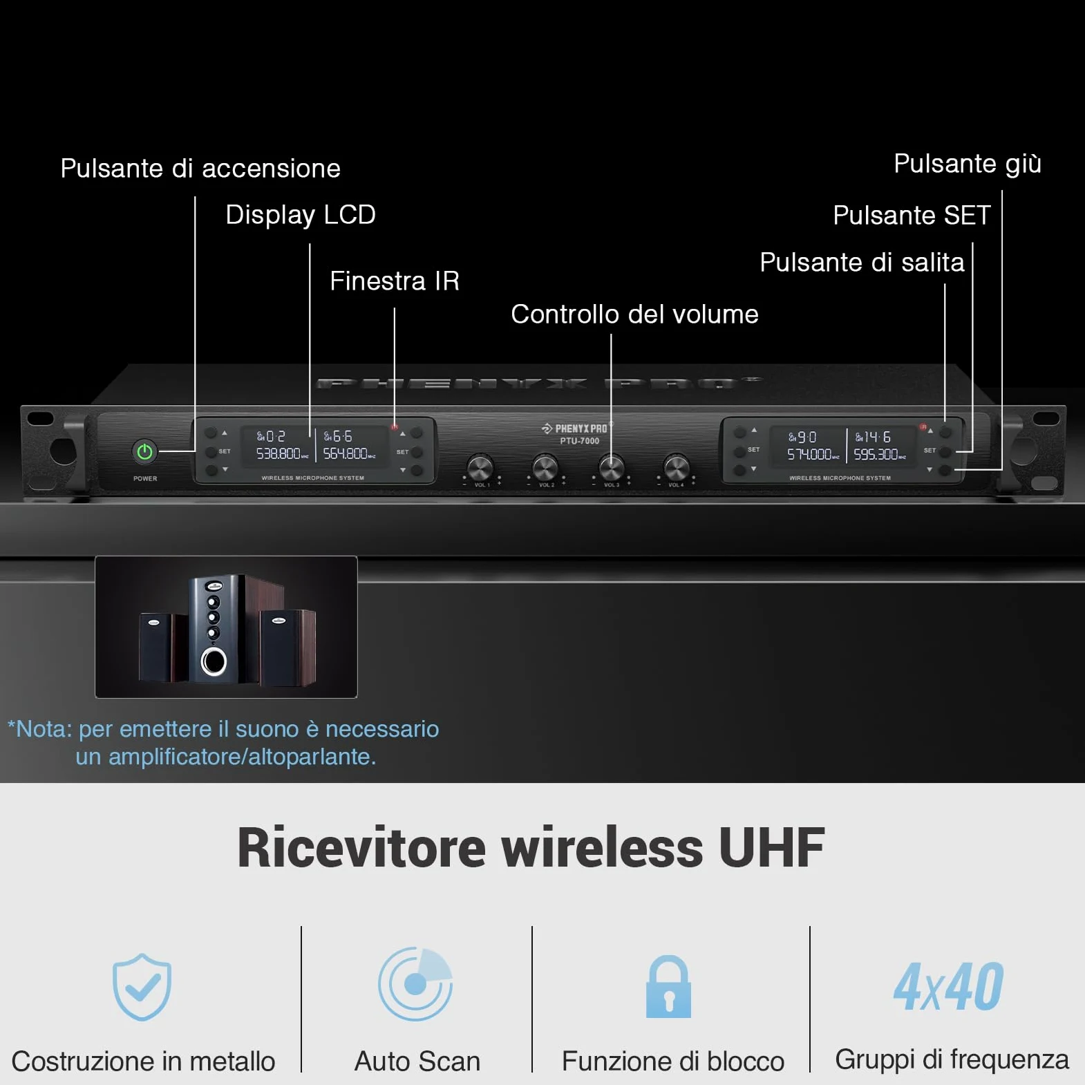 Phenyx Pro Sistema microfono wireless a quattro canali con scansione automatica, 4x40 frequenze UHF, lunga portata di 328 piedi, 4 microfoni dinamici palmari per canto, chiesa, karaoke (PTU-7000-4H)