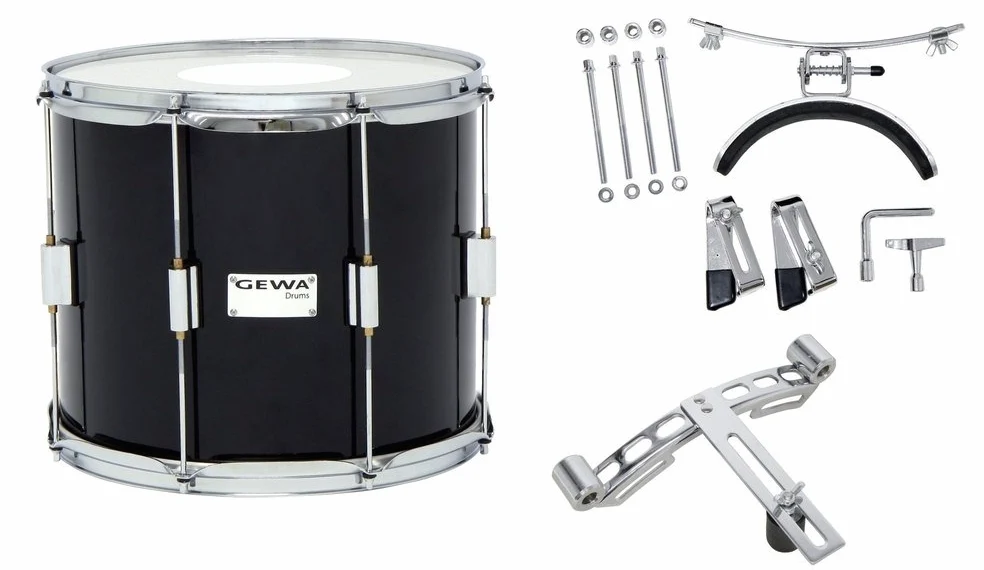 GEWA tamburo da marcia/tamburo tenore, fusto in betulla nero, 14 x 10", 8 tiranti, pelli Remo USA, incl. piastra forata e supporto per ginocchio