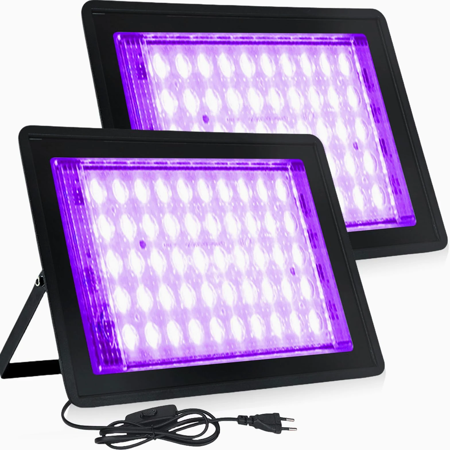 Set di 2 faretti LED a luce nera 50 W IP66 impermeabili con 50 perle di lampada a luce nera UV con presa per discoteca, festa luminosa, decorazione di Halloween, illuminazione di scena, accessori per