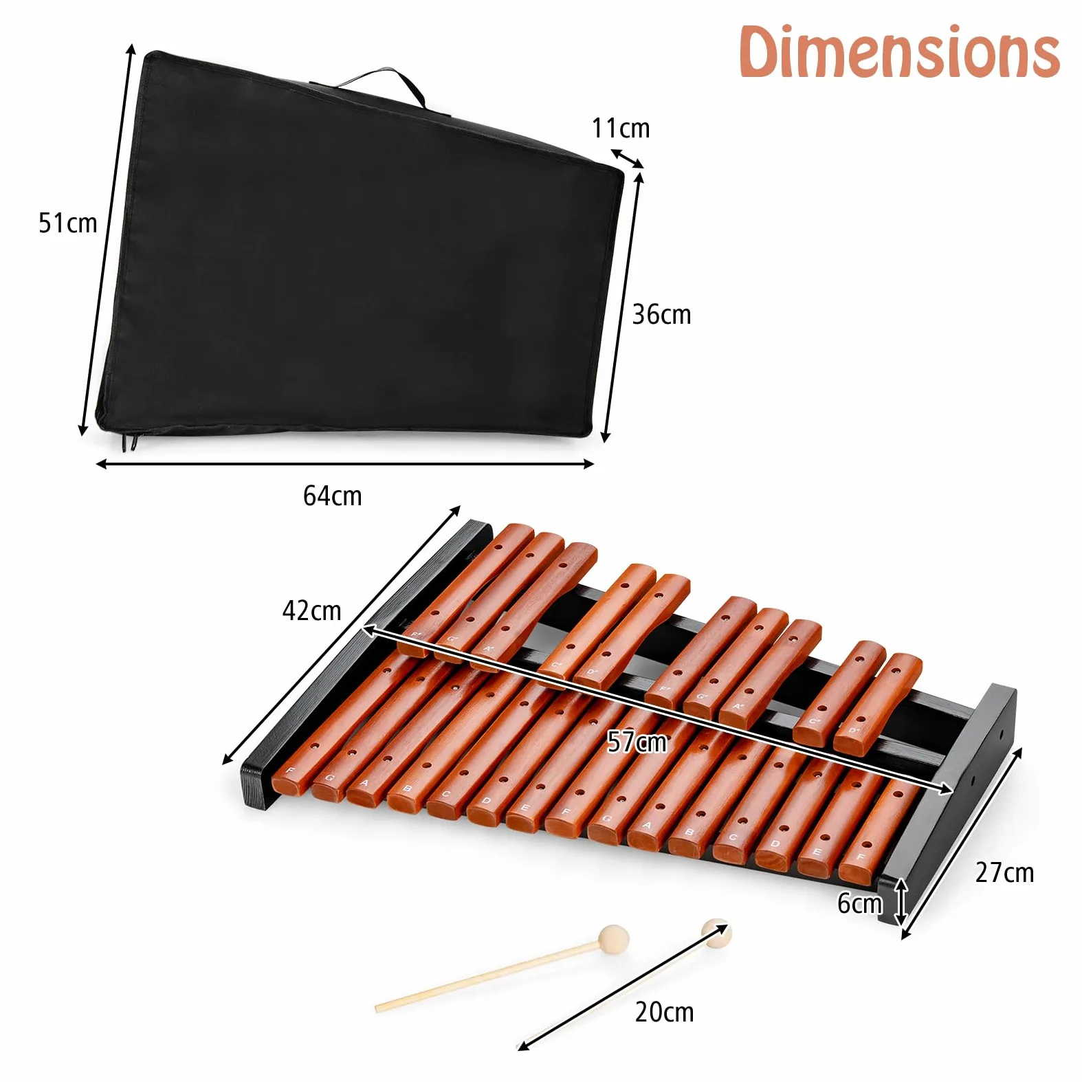 KOMFOTTEU Xilofono 25 note in legno, con 2 bacchette, strumento a percussione a mano, con custodia per il trasporto, strumento musicale per bambini e adulti