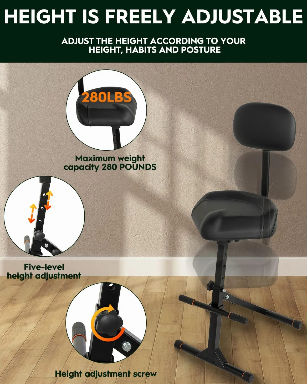 STRICH Sgabello per chitarra con schienale, sgabello regolabile, seduta regolabile in altezza con gancio per bassi acustici, sgabello per tamburo per adulti, batteristi e chitarristi SGT-40