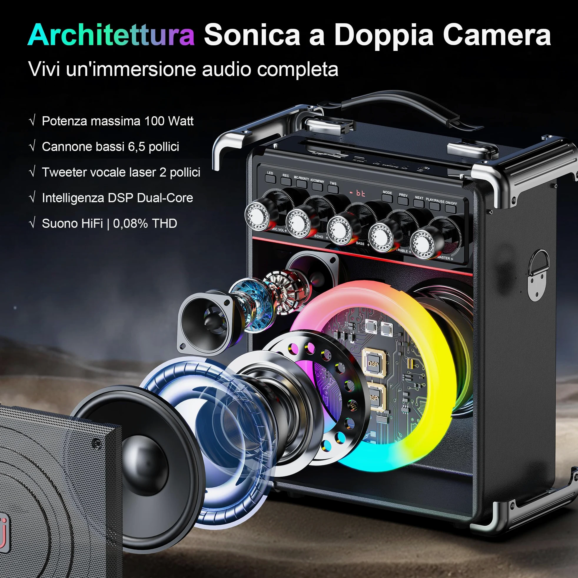 JYX Karaoke con 2 Microfono, 100W Cassa Bluetooth, Autonomia 18 Ore, Karaoke Professionale Completo, Potatile PA Sistema e Luce LED & telecomando, Supporta Bluetooth/TF/USB/AUX/TWS