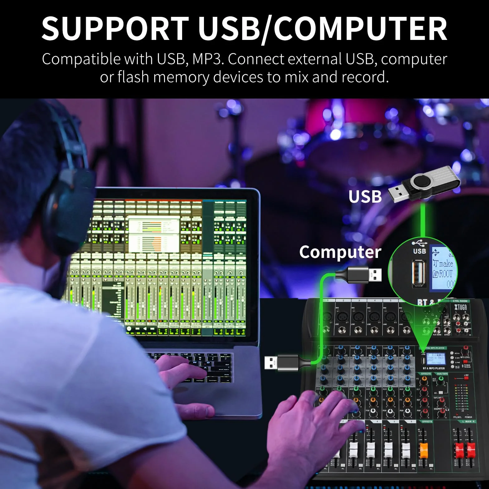 XTUGA Mixer audio a 6 canali per la registrazione del computer di controllo del suono, mixer audio effetto digitale integrato con alimentazione phantom da 48 V, CT60