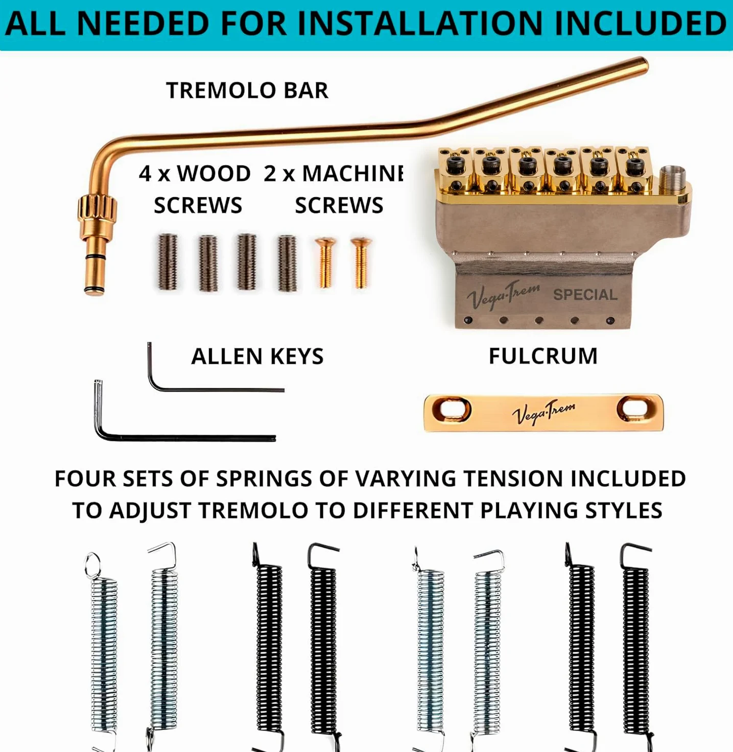 Vega-Trem VT1 - Ponte tremolo speciale per chitarra Stratocaster a 2 punti, per Stratocaster, senza mod, facile installazione (oro, destra)