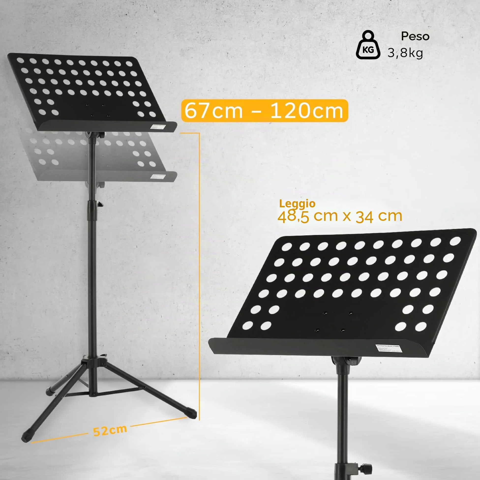 GEWA leggio per orchestra - Metallo - pieghevole - Piastra perforata e rimovibile - ABS e connessione a prisma - Altezza 67-120 cm - Peso 3,8 kg - nero