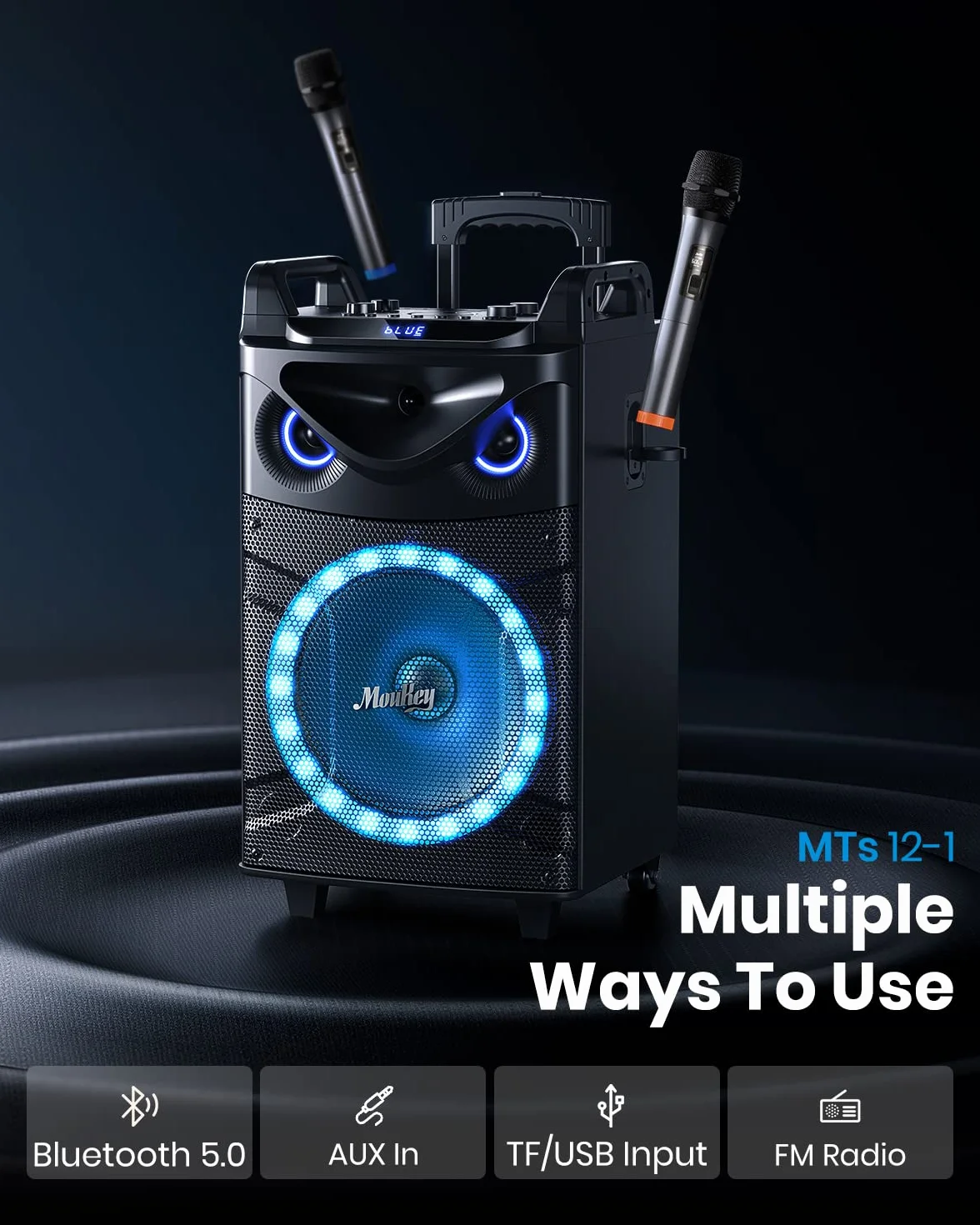 Moukey Casse Karaoke con 2 Microfoni wireless, Altoparlante portatile Bluetooth con Luci per feste, Regolazione di eco/alti/bassi, Woofer da 12 pollici Sistema PA Supporto TWS/REC/AUX IN/MP3/USB/TF/FM