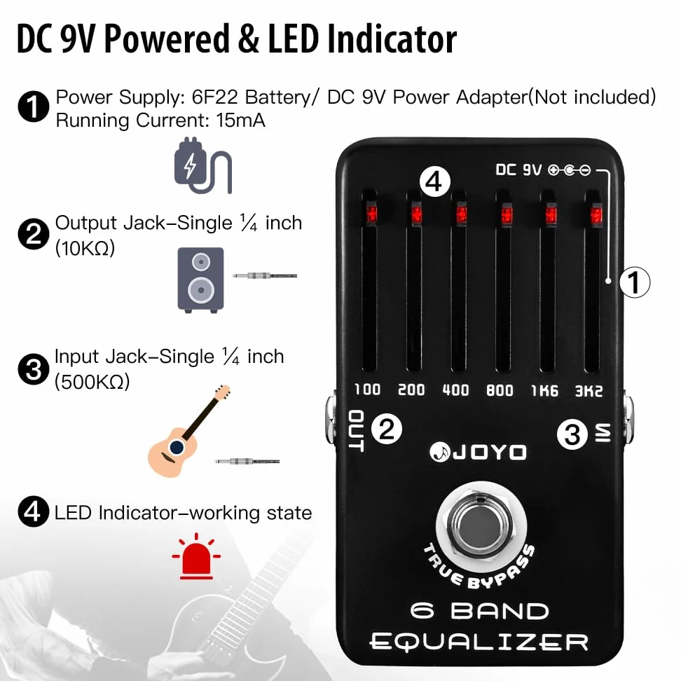 JOYO Equalizzatore per chitarra elettrica a pedale EQ a 6 bande (100Hz 200Hz 400Hz 800Hz 1.6kHz 3.2kHz) Fornisce ± 18 dB per ciascuna banda (JF-11)