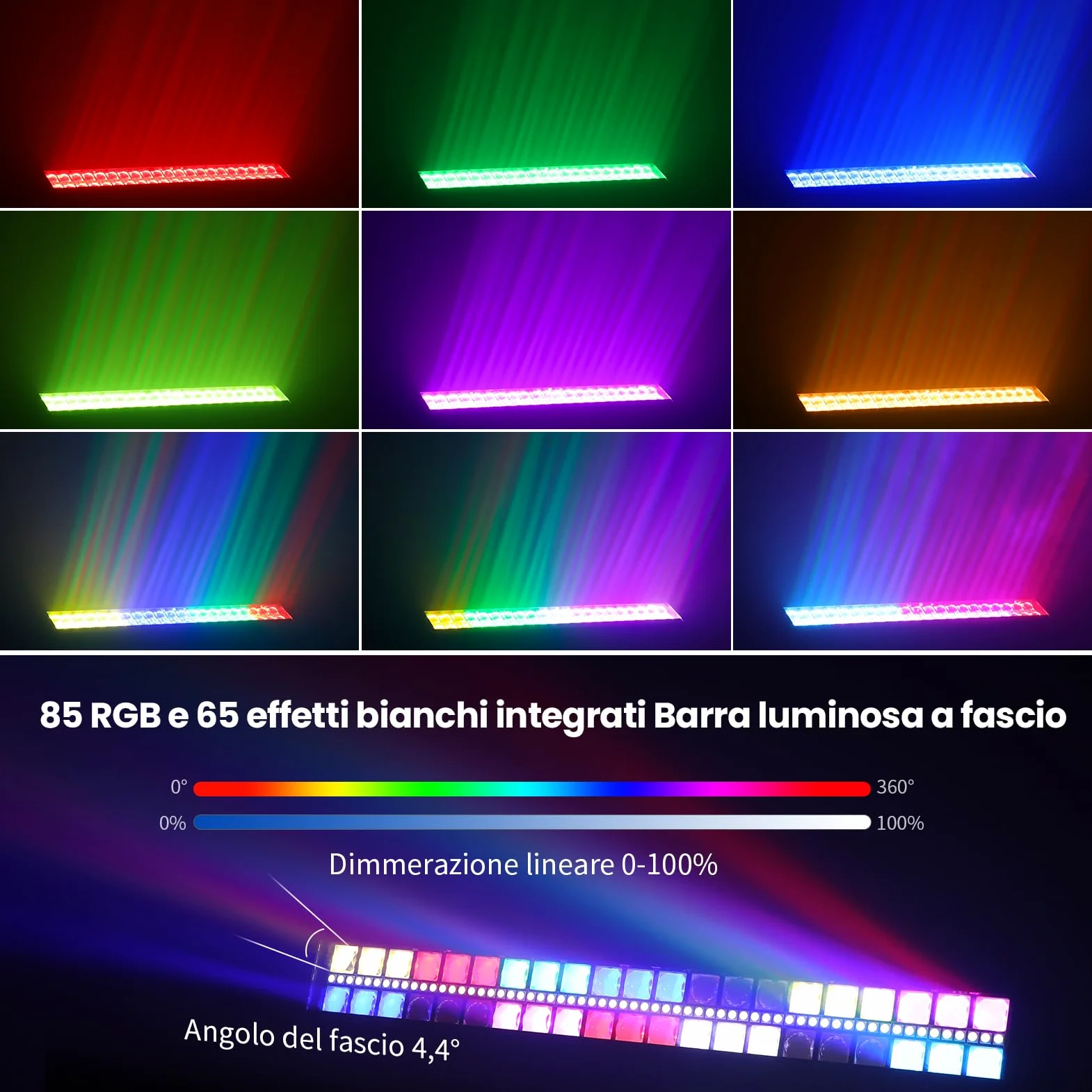 BETOPPER Barra Luce LED 105W RGBW, PAR LED DJ con DMX512, Controllo Audio, Effetti Beam/Wash/Strobe e Mappatura Pixel per Illuminazione Stage, Club, Concerti ed Eventi