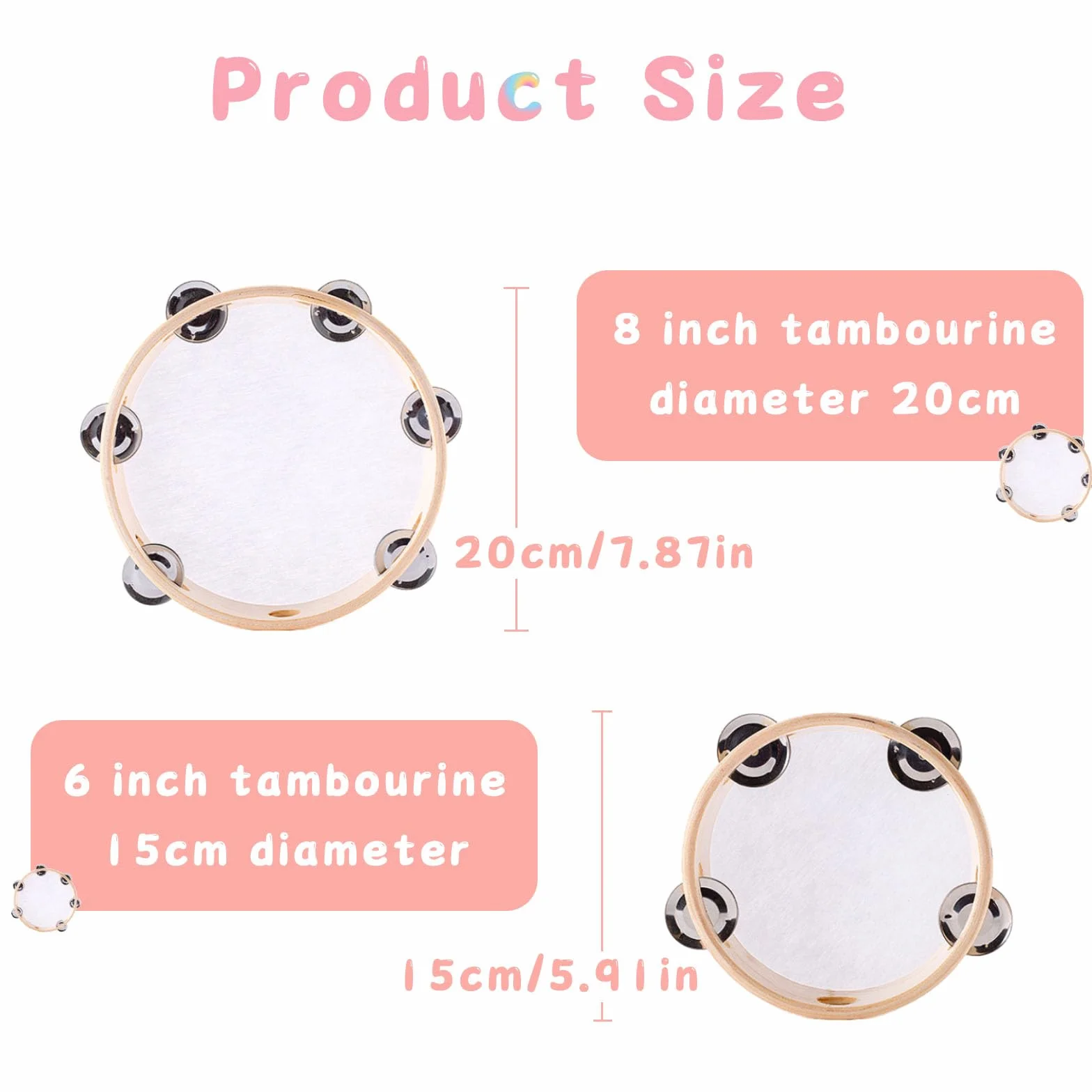 2 tamburelli portatili (15,2 cm e 20,3 cm), tamburelli con campanelle, tamburello in legno, per bambini, tamburello a mano in legno a fila singola, per bambini, accompagnamento di danza e canzone