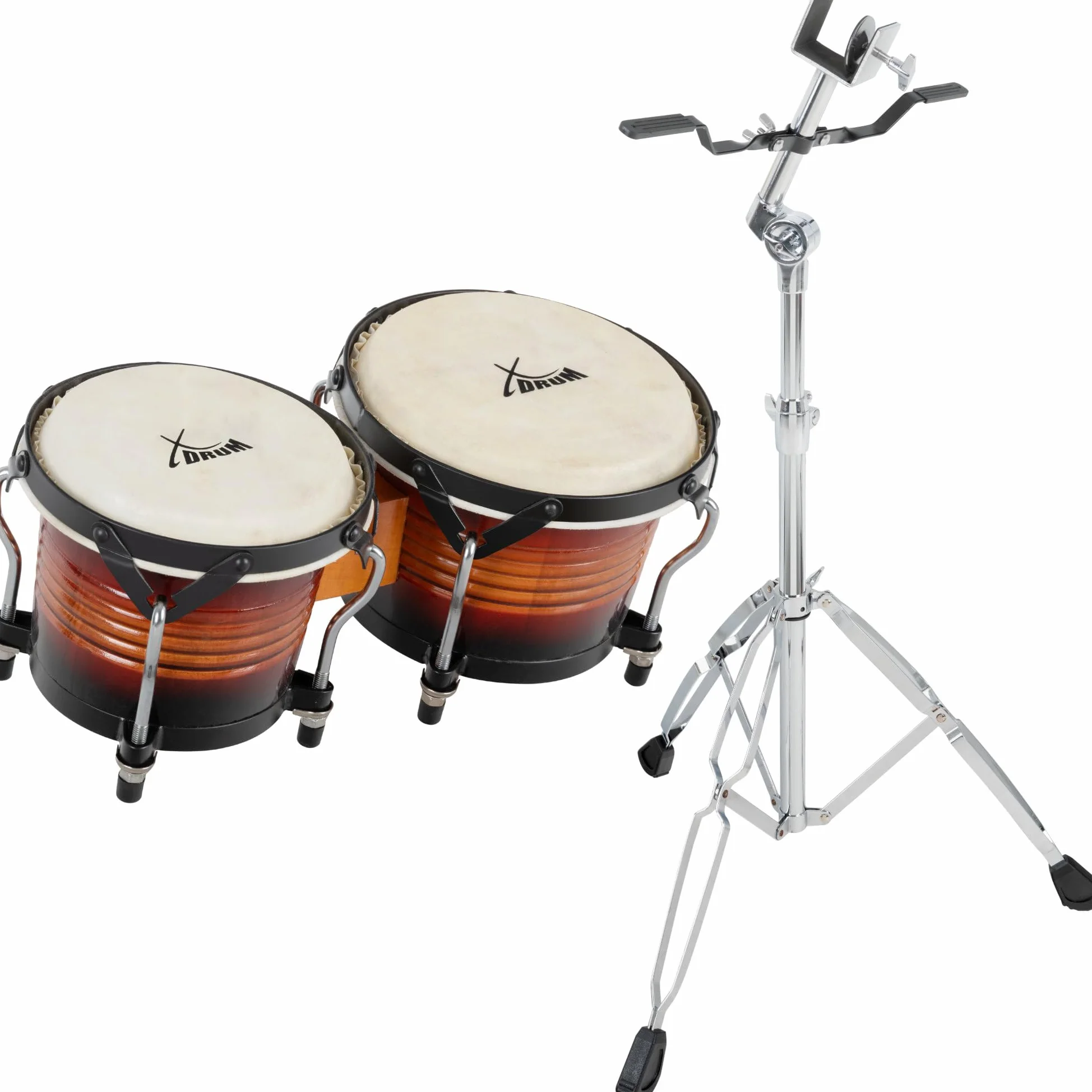 XDrum Bongos Pro Vintage Sunburst - 2 Tamburi con diametro 6,5" (17 cm) e 7,5" (20 cm) - Bonghi con pelli naturali accordabili, chiave di accordatura e supporto - Tamburi in legno rosso-marrone