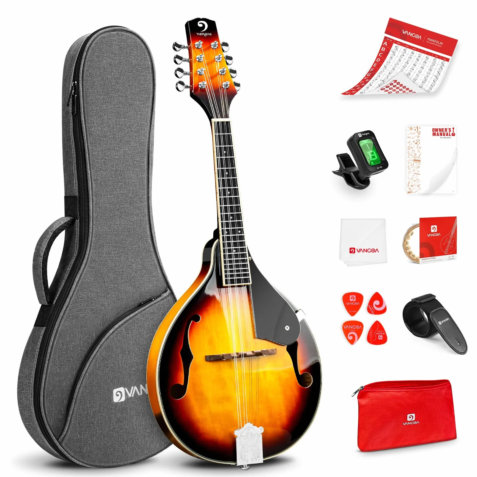 Vangoa Acustico Mandolino Strumento A-stile Mandolin Bluegrass Mandolino a 8 corde per Principiante, Sunburst