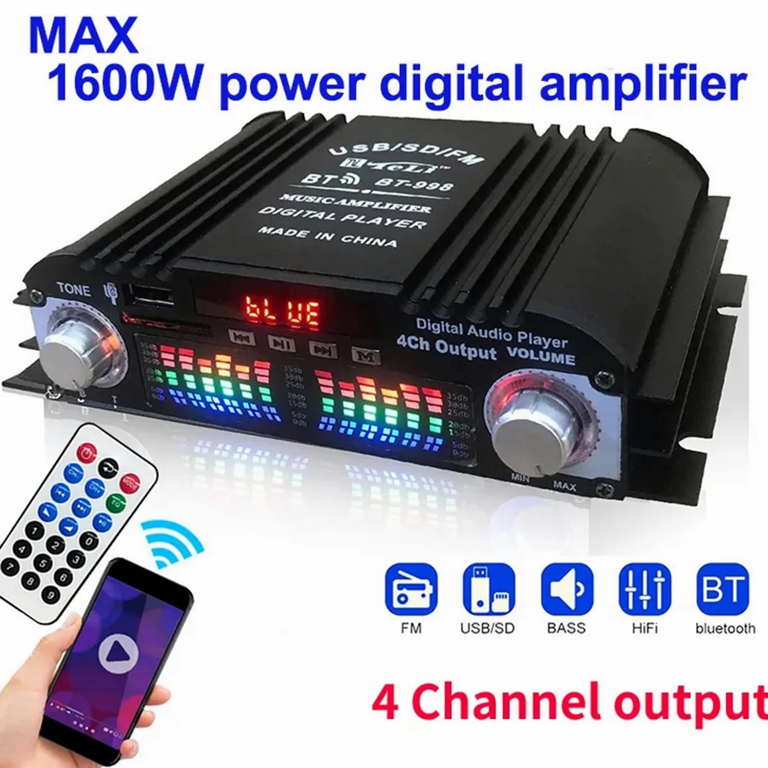 Amplificatore Audio HiFi con Potenza di Picco da 1600 W Amplificatore Audio Digitale a 4 canali Lettore Radio FM Supporto Telecomando
