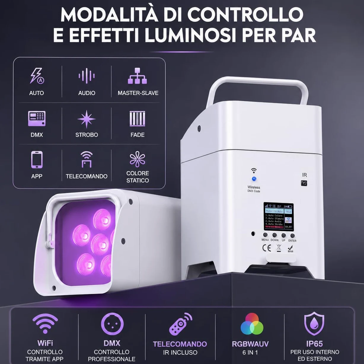 NLIGHTING Faretto PAR LED Wireless 9600mAh RGBWAUV 6in1 WiFi, DMX e Telecomando, IP65 Ricaricabili per Eventi, Matrimoni, Palchi e Illuminazione Architetturale, Eventi Uplight Professionale