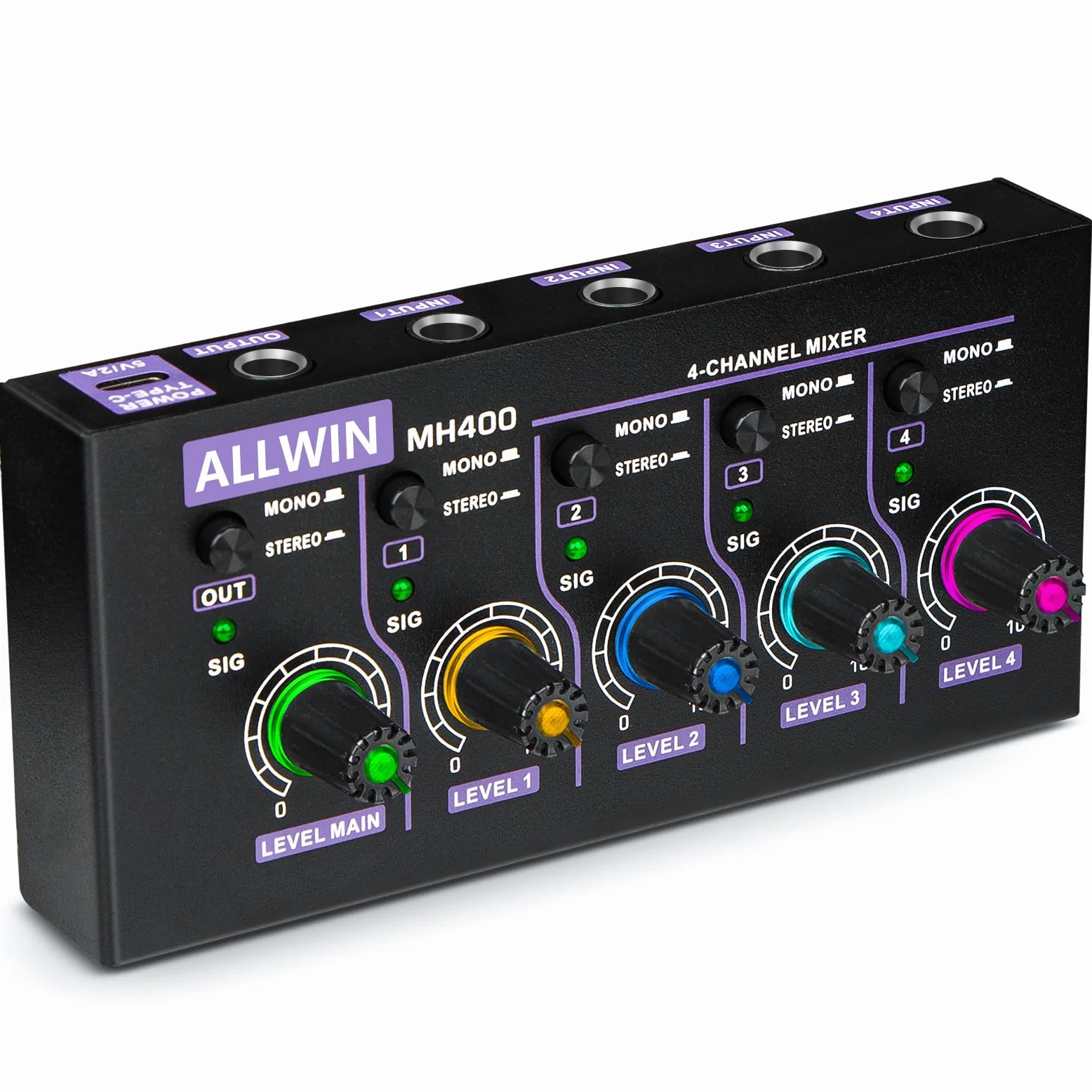 ALLWIN Mixer a 4 canali, mini mixer audio portatile 4in1out basso rumore DC5V supporto mono e stereo, per chitarre/bassi/tastiere/mixer/strumenti