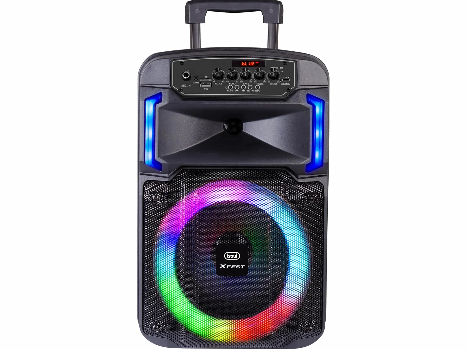 Trevi XF 370 KB Speaker Wireless 25W, Altoparlante Portatile con Trolley e Microfono Dinamico per Karaoke, Connessione Audio Wireless, USB, Micro SD, Batteria al Litio Integrata