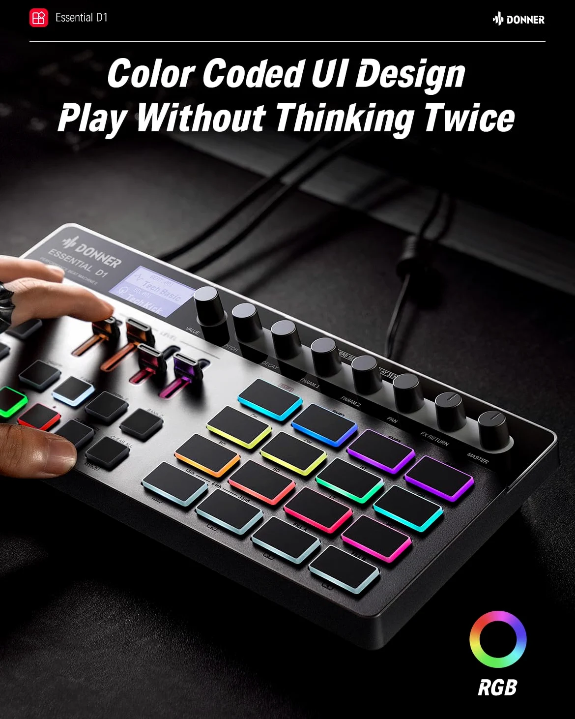 Donner Essential D1 Finger Drum Machine & Step Sequence Combinato, Boast Color-Coded UI, 12 tracce Sample, 16 RGB Beat Pad, 64 Modelli di Battitura Preimpostati, 5 Encoder Senza Fine