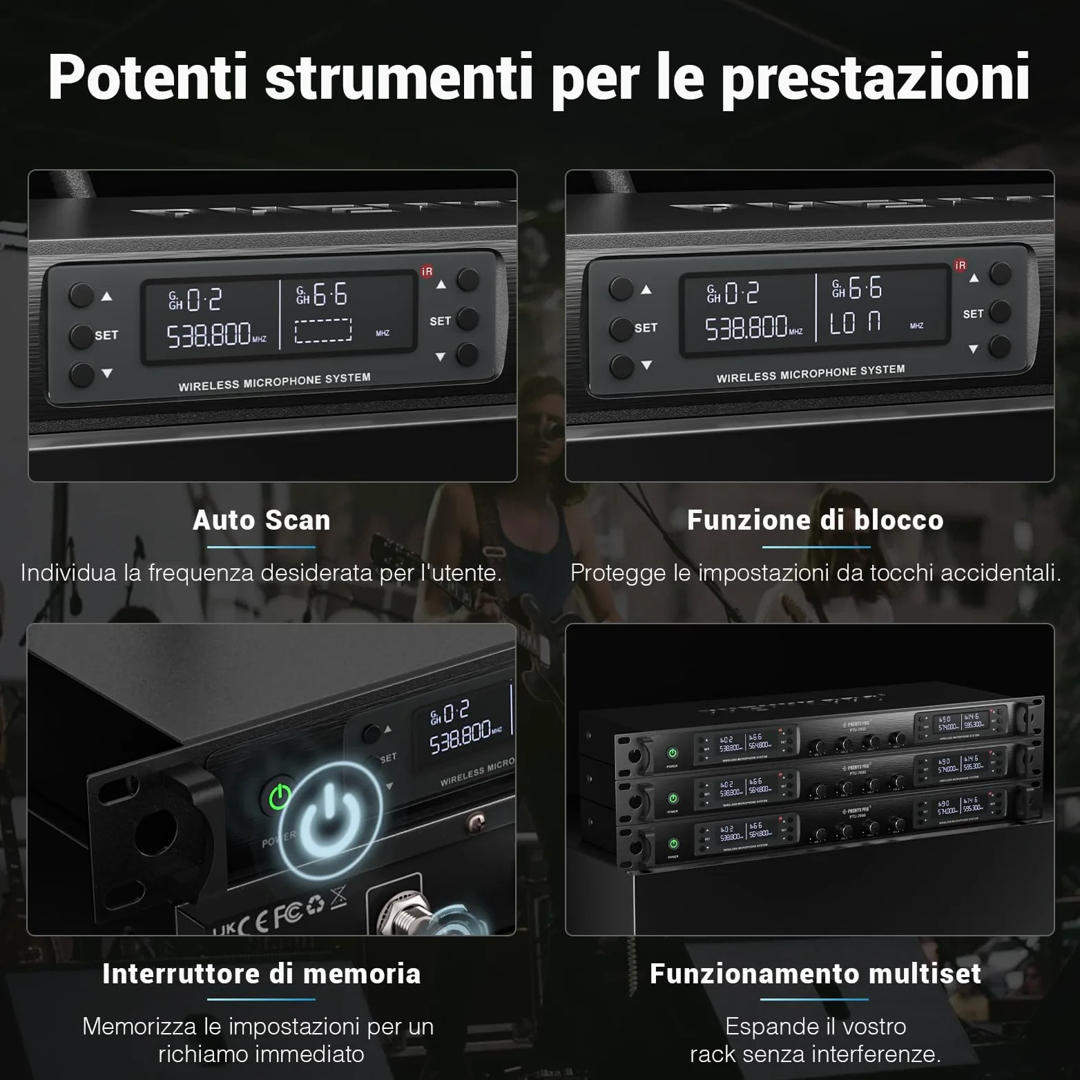 Phenyx Pro Sistema microfono wireless a quattro canali con scansione automatica, 4x40 frequenze UHF, lunga portata di 328 piedi, 4 microfoni dinamici palmari per canto, chiesa, karaoke (PTU-7000-4H)