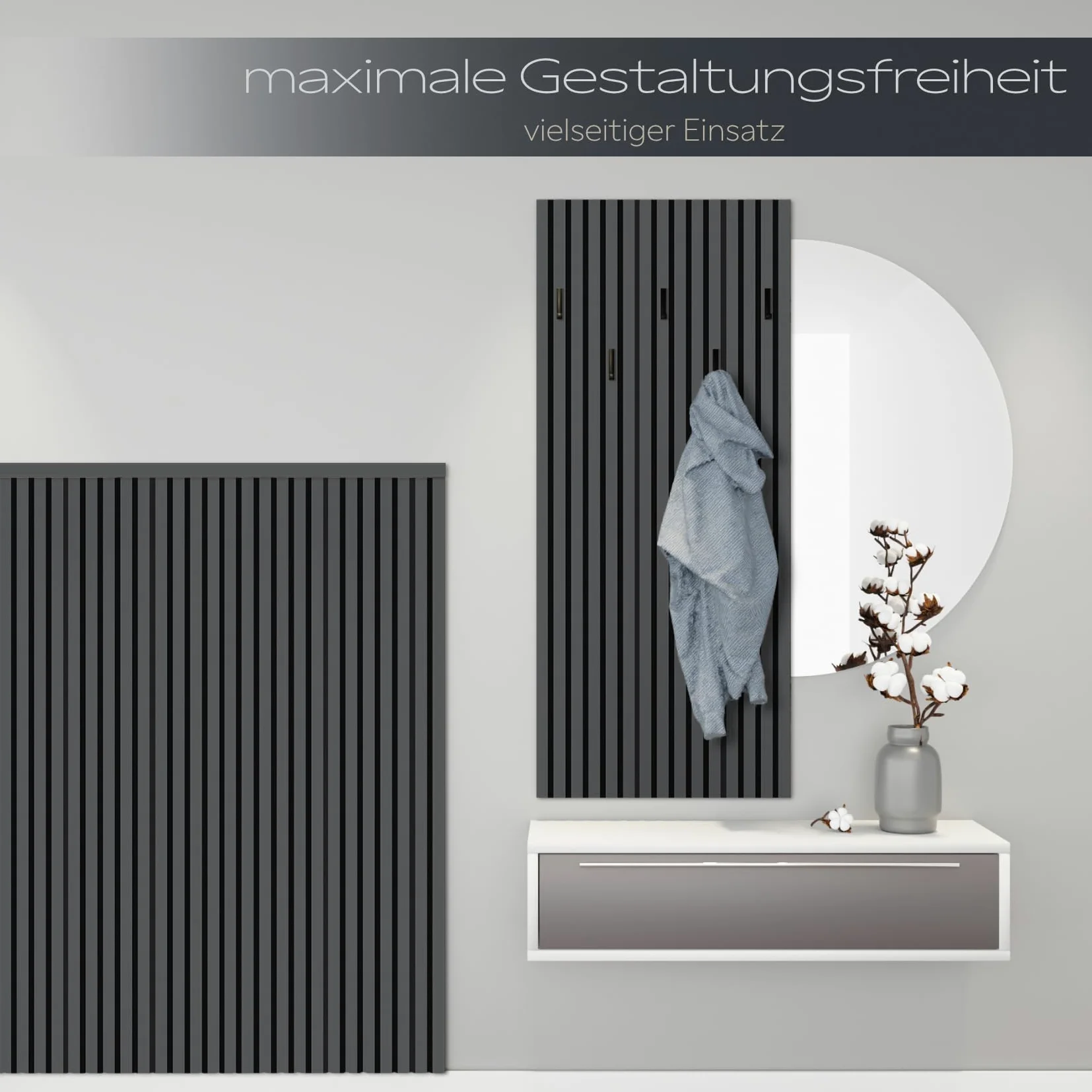 HEXIM Pannelli Acustici 138,5x60cm - Parete a Lamelle Flessibile Legno MDF Pannelli Murali Rivestimento a Lamelle Rivestimento Murale (8 pannelli / 6,64 m² Black Lead - APH05)
