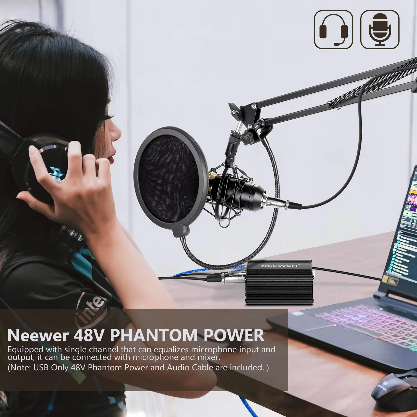Neewer Alimentazione 48V Phantom 1 Canale con 1,5m Cavo USB & Cavo Microfono 3 Pin XLR per Qualsiasi Microfono a Condensatore Impianto di Registrazione Musicale