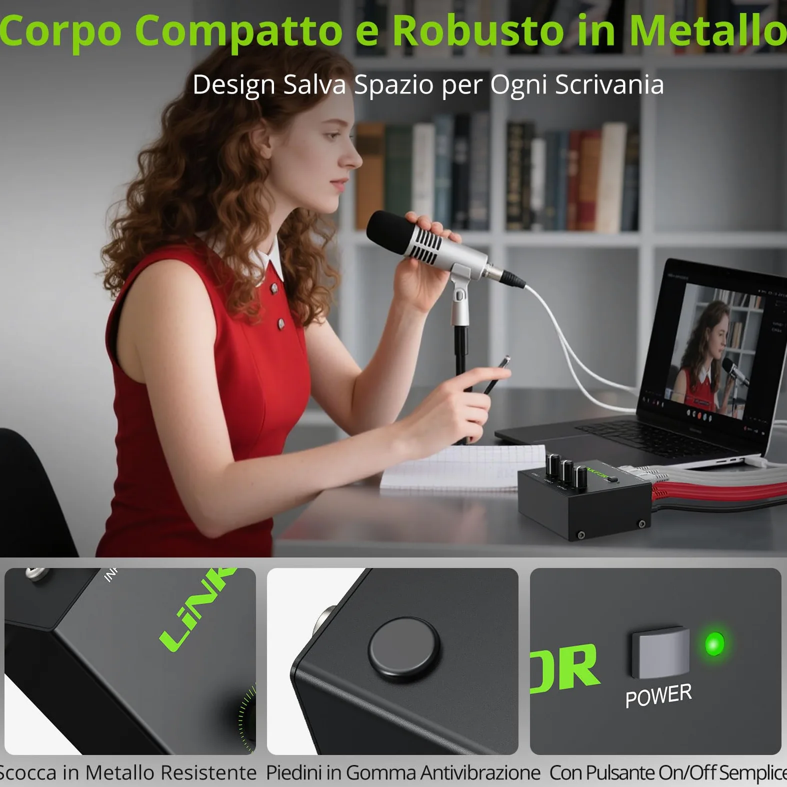 LiNKFOR Mixer Audio Stereo 2 Canali Attivo Basso Rumore, Audio Stereo RCA Compatto con Connettori Dorati, Mixer RCA 2 Canali con Controllo Volume Indipendente per PC/TV/Game