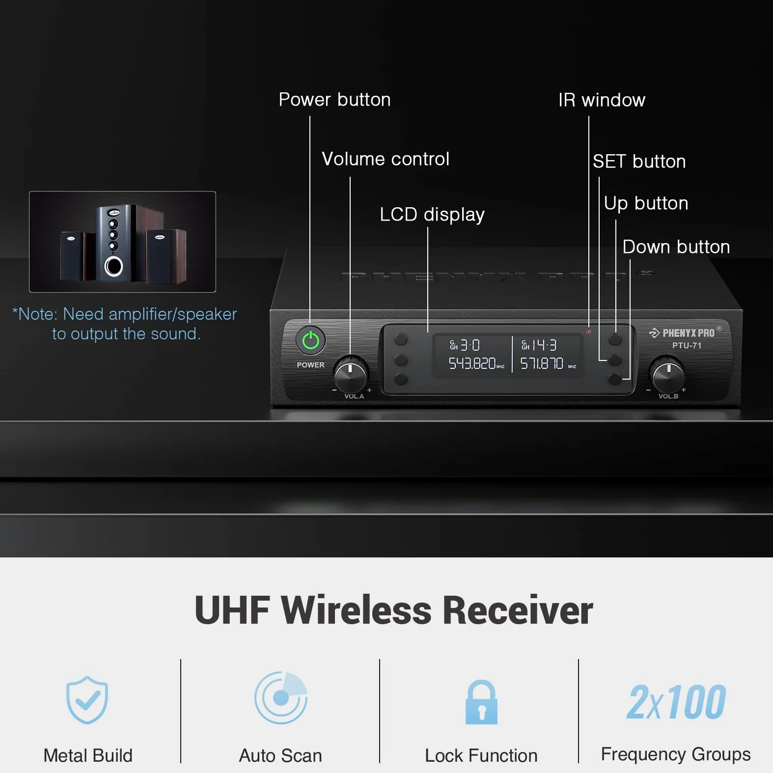 Phenyx Pro Sistema microfono wireless professionali doppi con microfoni palmari, bodypack e da bavero, scansione automatica, 2x100 frequenze UHF, portata di 328 piedi per canto, karaoke (PTU-71-1H1B)