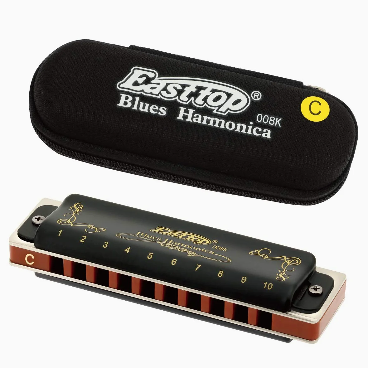 East Top Armonica a bocca diatonica Key of C 10 fori 20 toni 008K Blues Armonica a bocca con copertura nera, armonica di grado superiore per adulti, professionisti e studenti