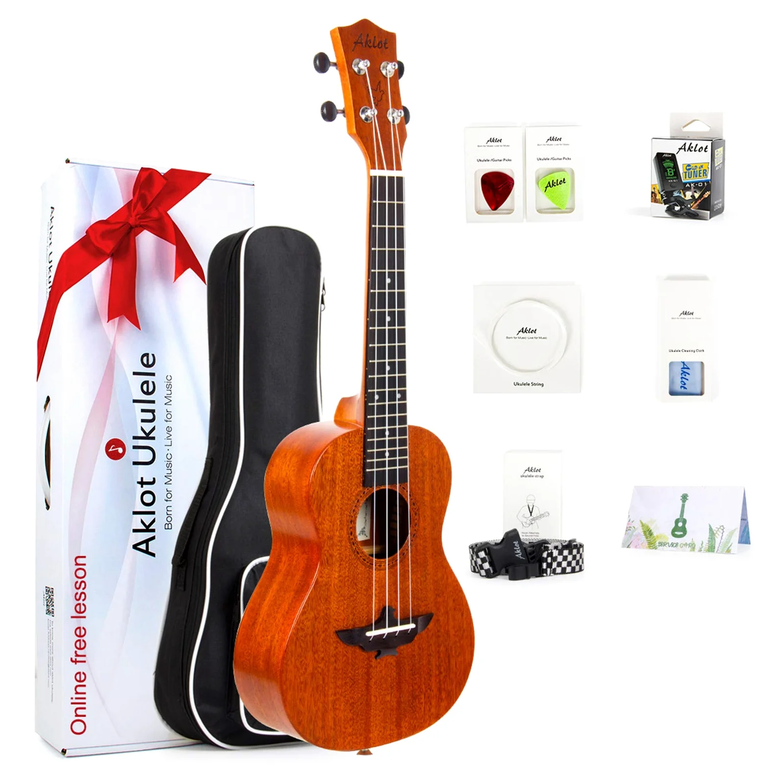 AKLOT Ukulele da concerto per mancini in mogano massello, 23 pollici Uke con tutorial e kit per principianti (custodia, plettri, accordatore, cinghia, corda, panno di pulizia)