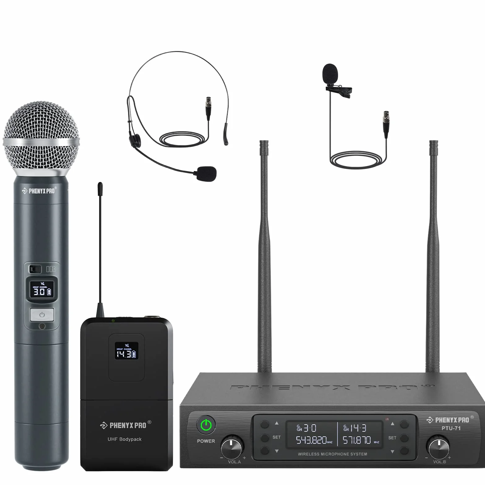 Phenyx Pro Sistema microfono wireless professionali doppi con microfoni palmari, bodypack e da bavero, scansione automatica, 2x100 frequenze UHF, portata di 328 piedi per canto, karaoke (PTU-71-1H1B)