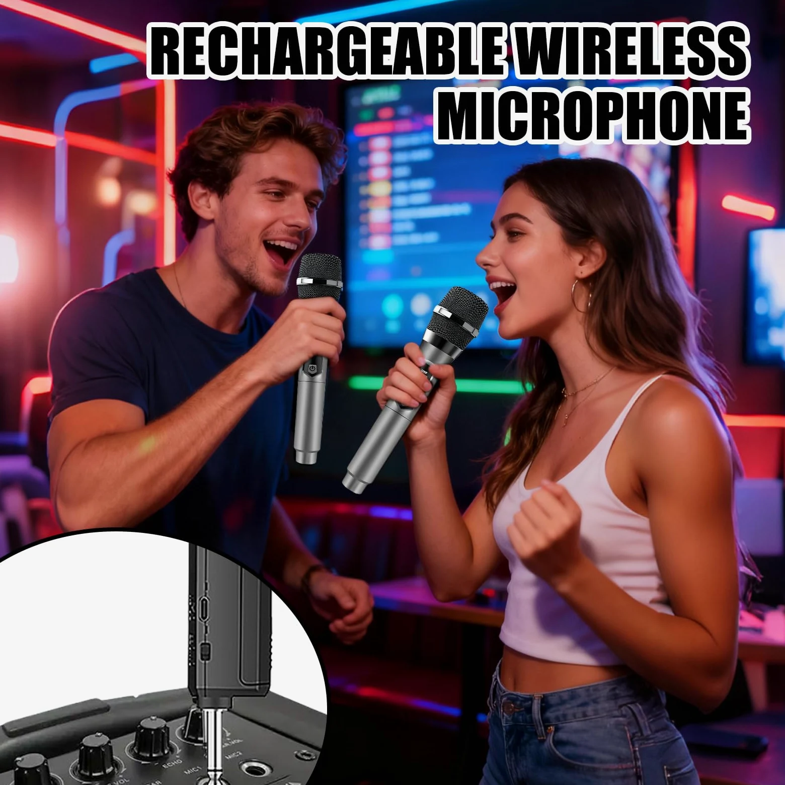 PORFOYO Microfono Senza Fili, Set da 2 Microfoni UHF, Set di Microfoni con Ricevitore Ricaricabile, Doppio Microfono a Mano, Portata 50m per Karaoke, Canto, Festa, Palcoscenico, Matrimonio, DJ