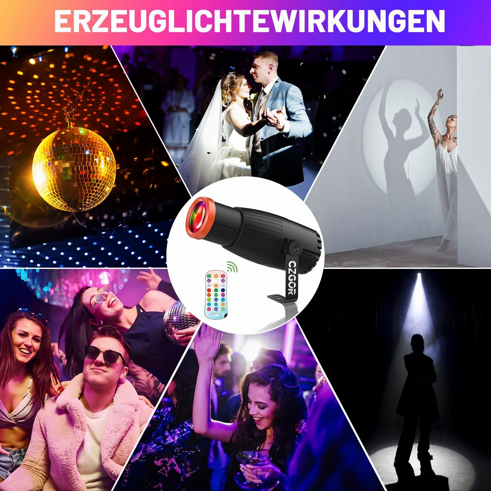 Pinspot LED Luce, Czgor 18W RGBW 4 in 1 Luci Spot con telecomando, Fuoco Manuale Palla Disco Spotlight, Super Luminoso con Colonna Guida Luce, Palcoscenico Illuminazione per Disco Party, 2 Pack