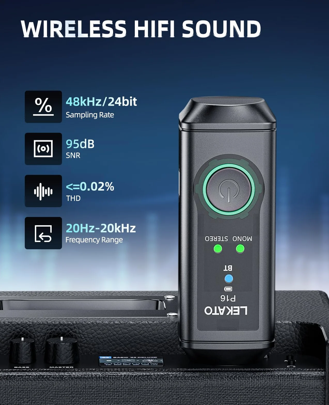 LEKATO P16 Ricevitore Bluetooth XLR, Audio Mono/Stereo, Autonomia 15 Ore, Bluetooth 5.3, 48kHz/24bit, Portata 50 m, per Mixer, DJ e Sistemi PA