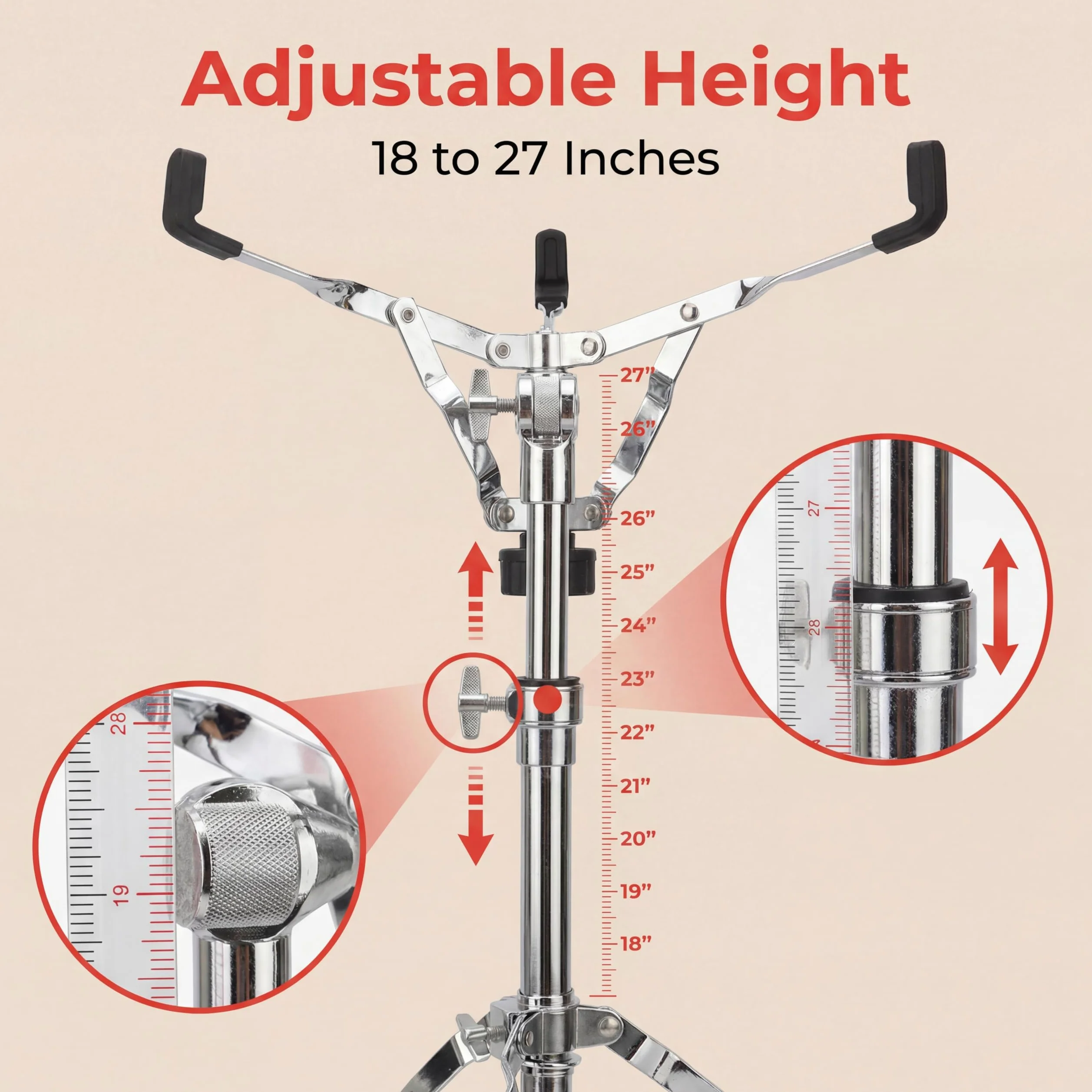 Supporto per Rullante, Supporto per Treppiede Portatile per Batteria, Supporto per Batteria Pieghevole a Doppio Rinforzo per Tamburi Tom da 0 a 15 Pollici, Altezza Regolabile da 18 a 27 Pollici