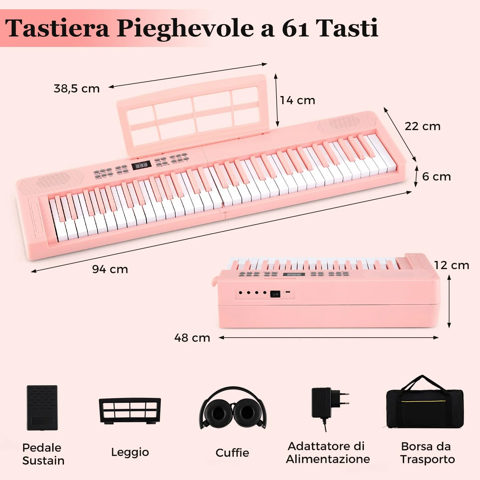 COSTWAY Tastiera Pianoforte Pieghevole a 61 Tasti, Tastiera Elettronica con Funzione MIDI, Cuffie, Pedale Sustain, Pianoforte Digitale Portatile per Principianti (Rosa)