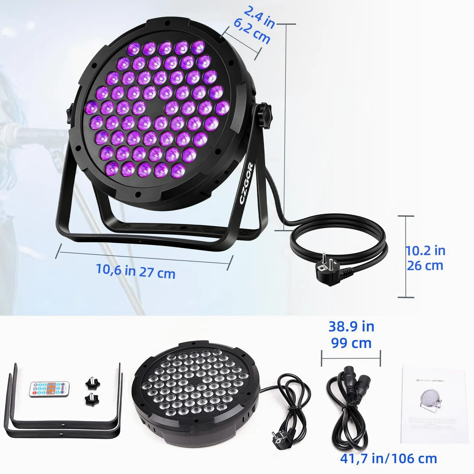 90W Par LED Luce, Czgor 60 LED Par RGB 3 in 1 Luci da Palco Avec Telecomando con 1M Cavo DMX, DMX512 7CH Discoteca Illuminazione Palco per Feste Bar DJ Discoteca Matrimonio, 2 Pezzi