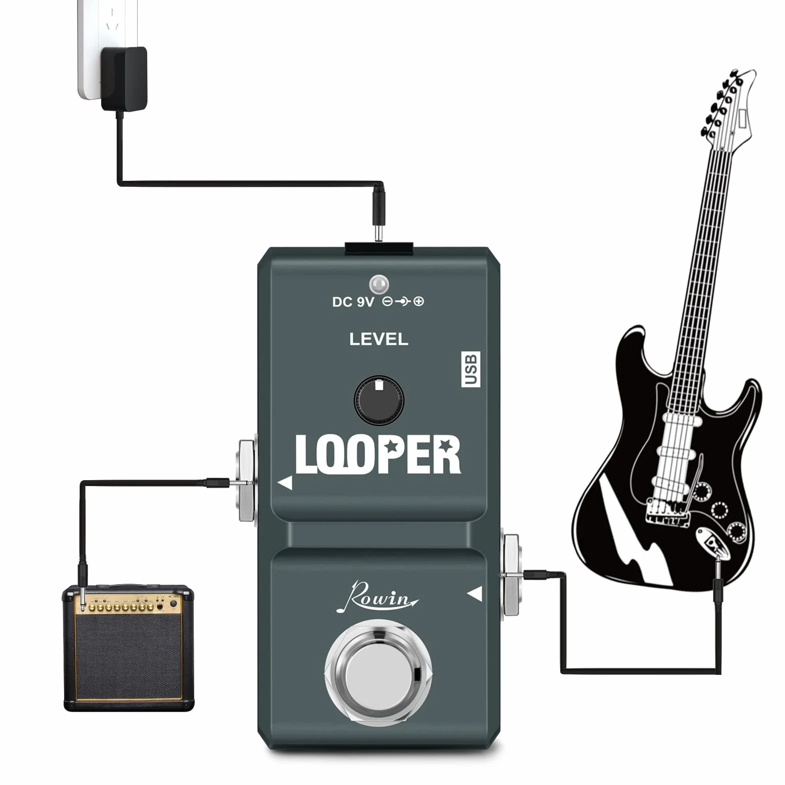 Rowin Tiny Looper LN-332 - Pedale per chitarra, con cavo USB, 10 minuti di registrazione, Loop Station, sovraincisioni Illimitate, per Chitarra Elettrica e Basso