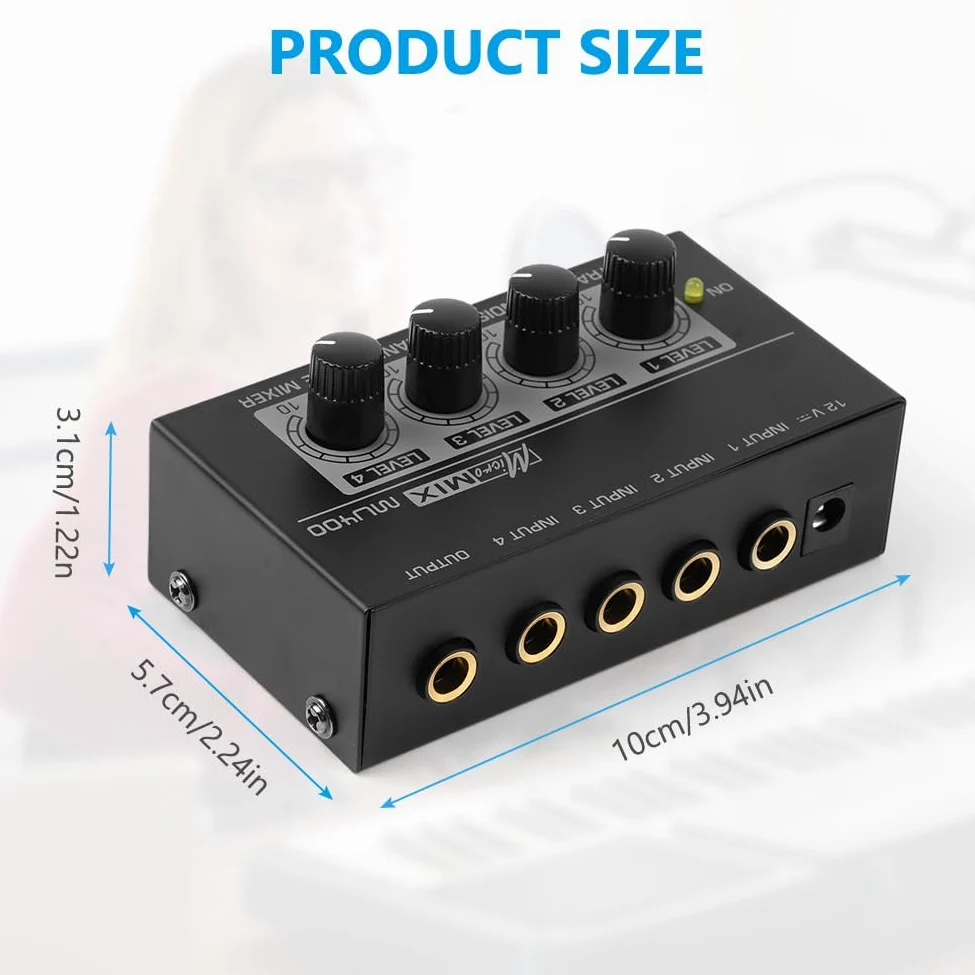 OFFCUP Mixer Audio, 4 Canali Mini Mixer Audio, Audio Mixer Portatile 4in1out, Mixer Basso Rumore per Microfoni Chitarre Bassi Tastiere e Mixer di Palco -Nero