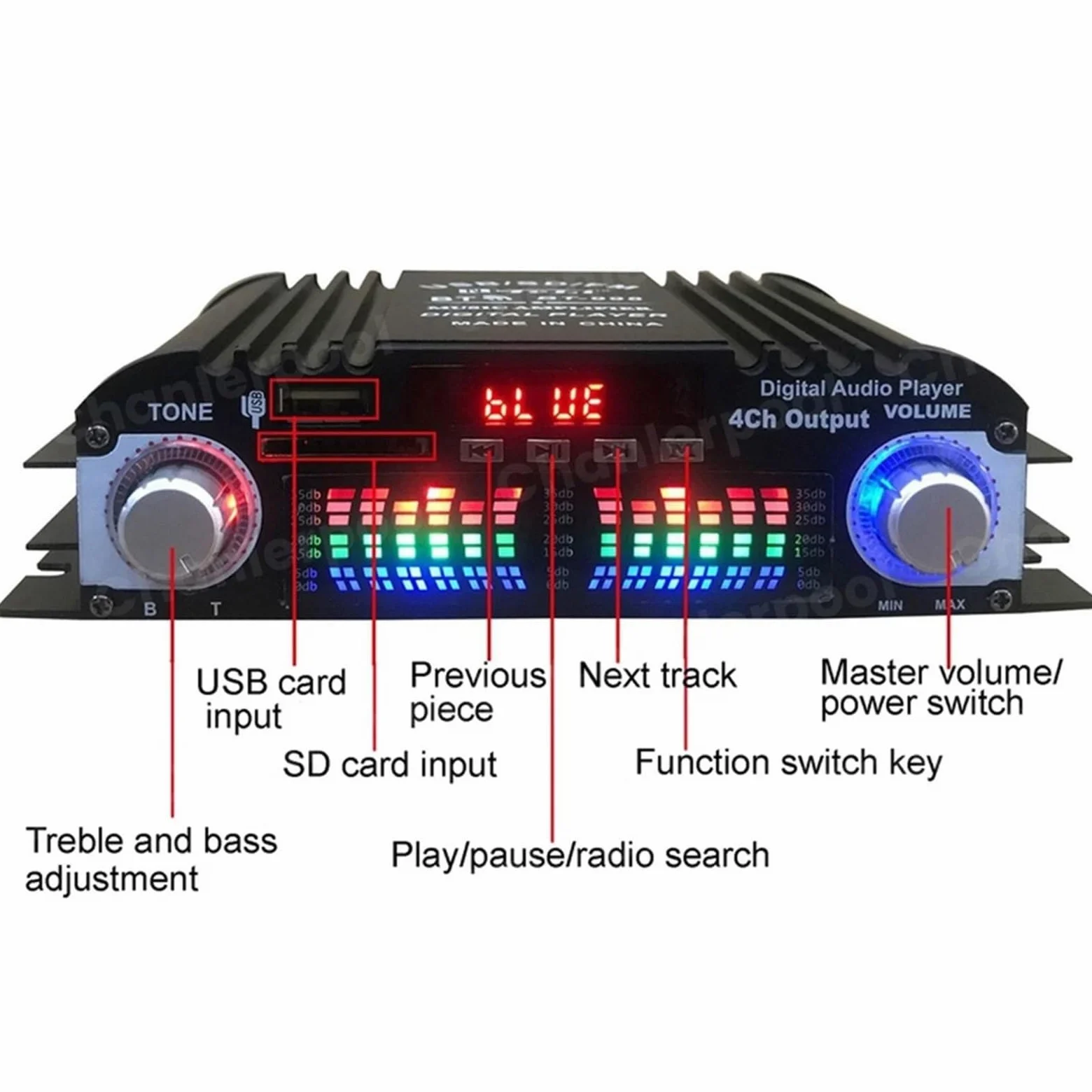Amplificatore Audio HiFi con Potenza di Picco da 1600 W Amplificatore Audio Digitale a 4 canali Lettore Radio FM Supporto Telecomando