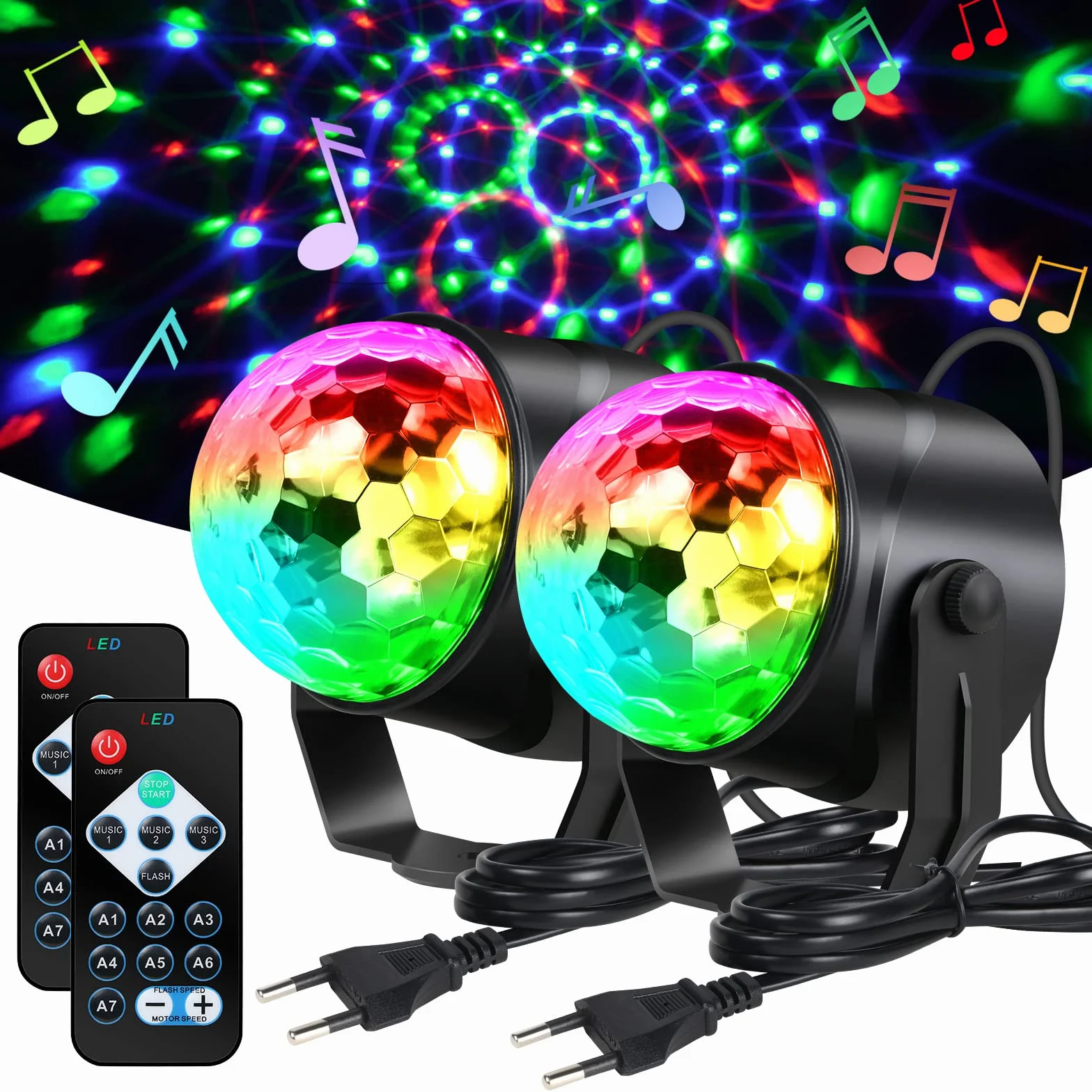 URAQT Luci Discoteca LED, 360 ° Ruotabile Musica Attivata Telecomando Luci da Festa, 7 RGBP Colori Fari per Illuminazione Palco per Natale, Bar, Club, Festa, Riunione di Famiglia (2 Pezzi)