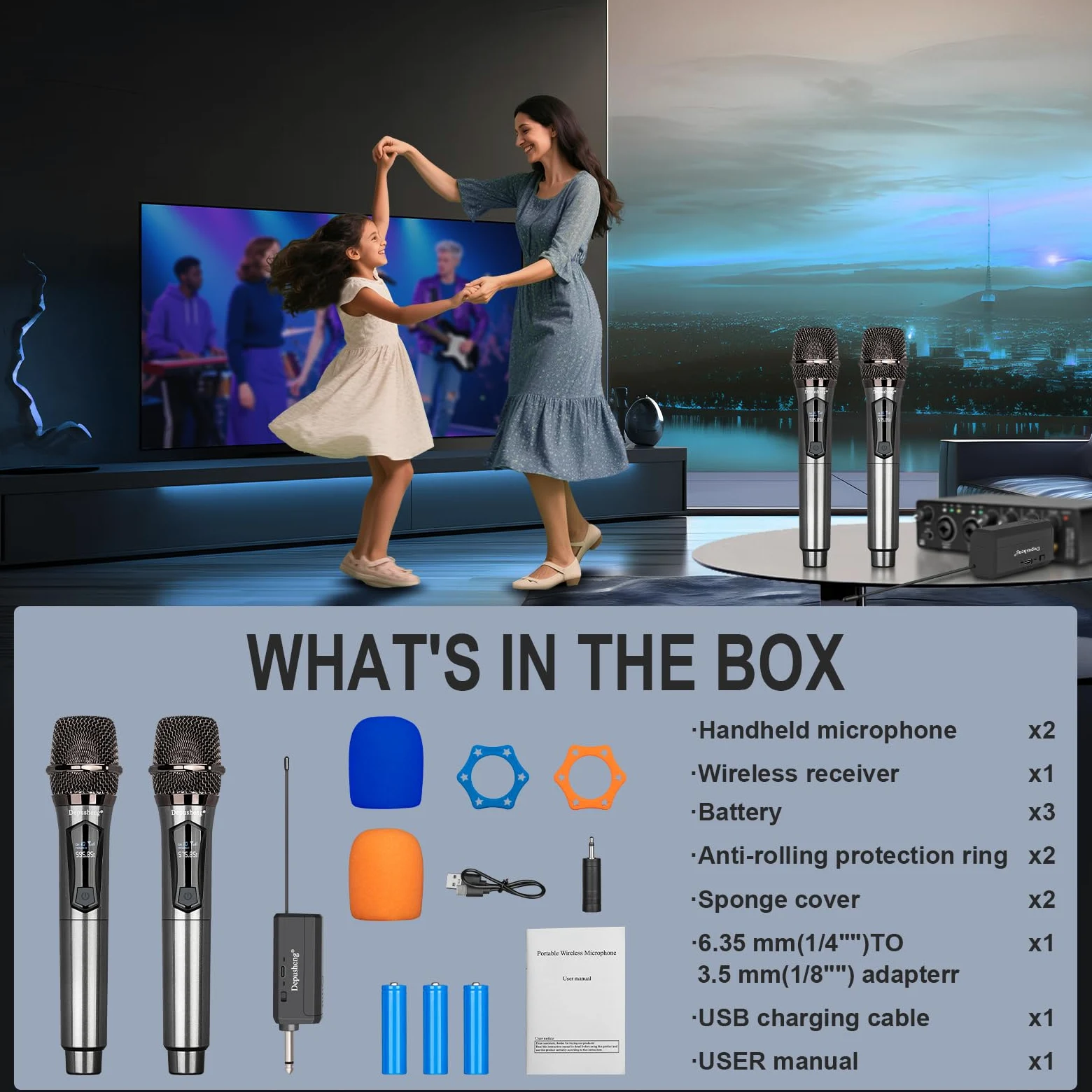 Depusheng Microfoni senza fili, sistema microfono karaoke, microfonos Inalambricos con ricevitore ricaricabile, microfono dinamico cordless per canto, matrimonio, DJ, festa, discorso