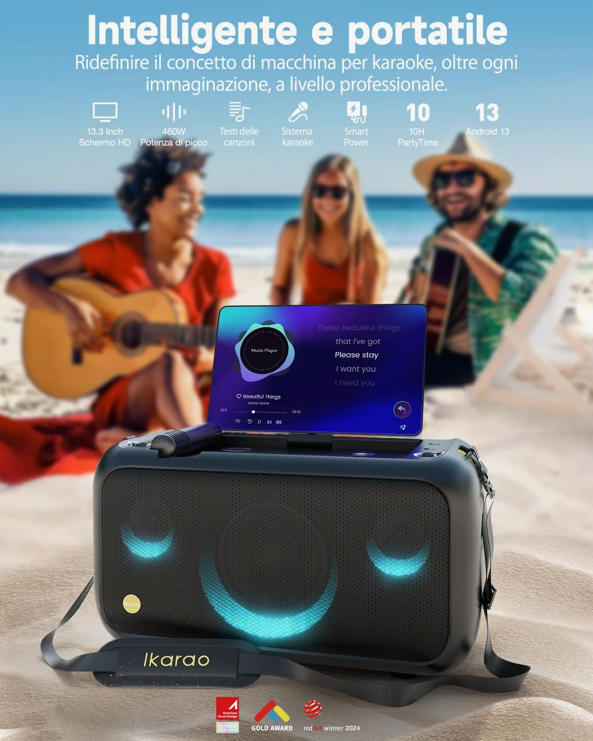 Ikarao Break X1 Macchina Karaoke con Schermo Touch 13,3", Altoparlante Bluetooth 800W, 2 Microfoni Wireless e Luci LED – Perfetta per Feste, Serate in Famiglia ed Eventi con Design Moderno