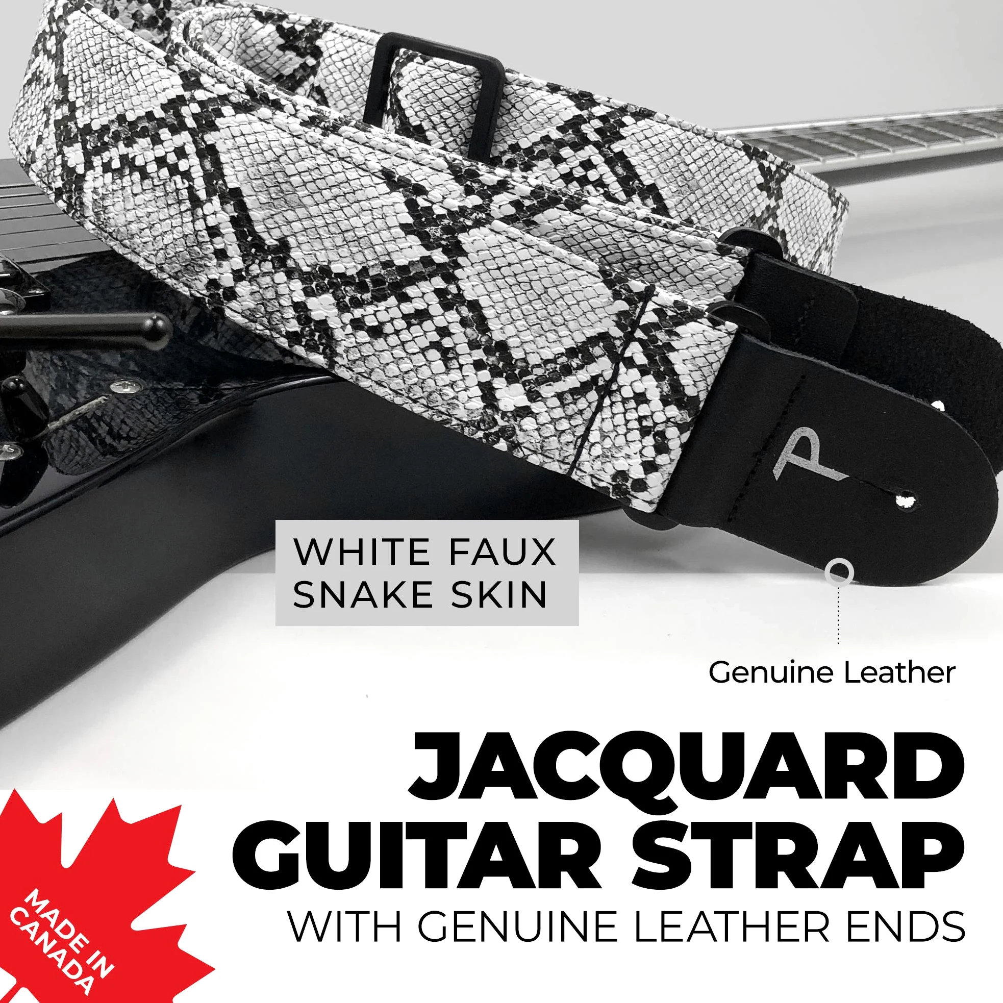 Perri's Leathers Ltd. - Tracolla per Chitarra - Finta Pelle di Serpente - Bianca - Regolabile - Per Chitarre Acustiche/Elettriche/Bassi - Fabbricata in Canada (VGS-7552)