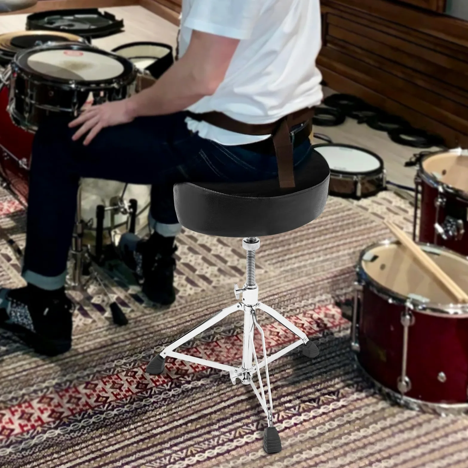 Sgabello con tamburo imbottito, pieghevole e portatile, sgabello per batteria, regolabile in altezza con imbottitura, sgabello per batteria con piedini antiscivolo