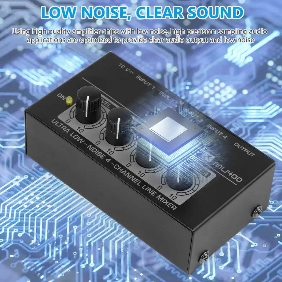 OFFCUP Mixer Audio, 4 Canali Mini Mixer Audio, Audio Mixer Portatile 4in1out, Mixer Basso Rumore per Microfoni Chitarre Bassi Tastiere e Mixer di Palco -Nero
